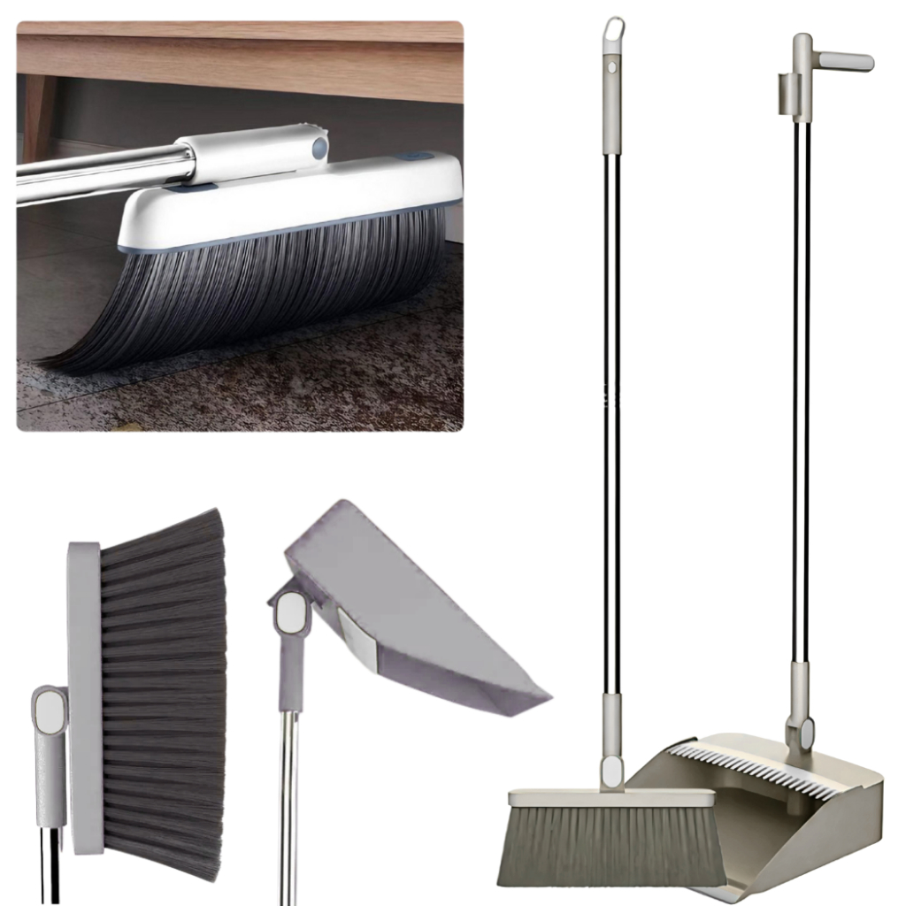 Kit Vassoura e Pá Ajustável 2in1 Com Limpa Cerdas Suporte Parede Compacto Ambientes Pequenos