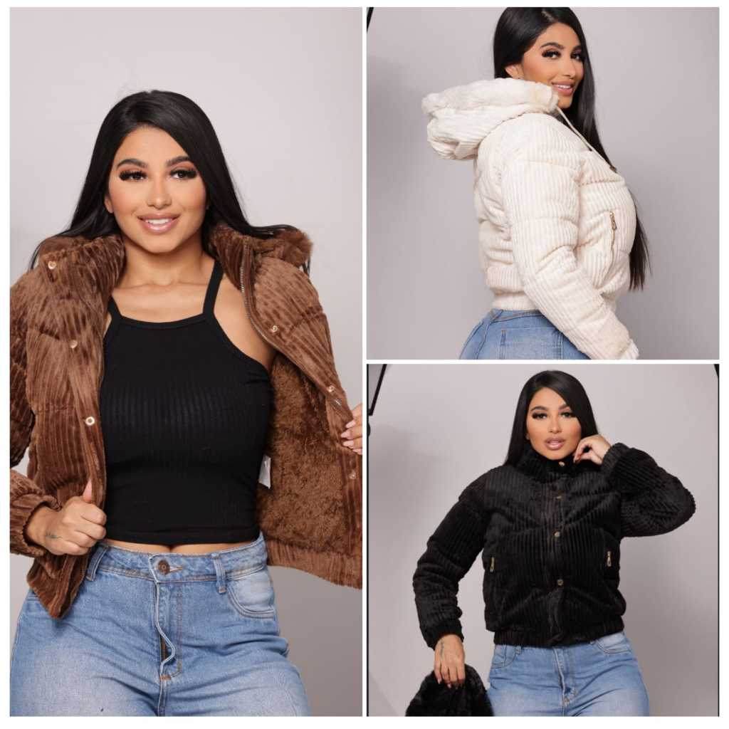 Jaqueta Feminina Cotelê puffer forrado com pele por dentro capuz removível e a segurança do zíper KF