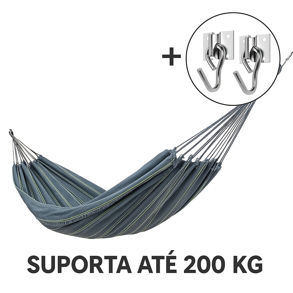 Kit com Rede de Descanso Cinza + 1 PAR de Ganchos de Parede  Suporta até 200kg