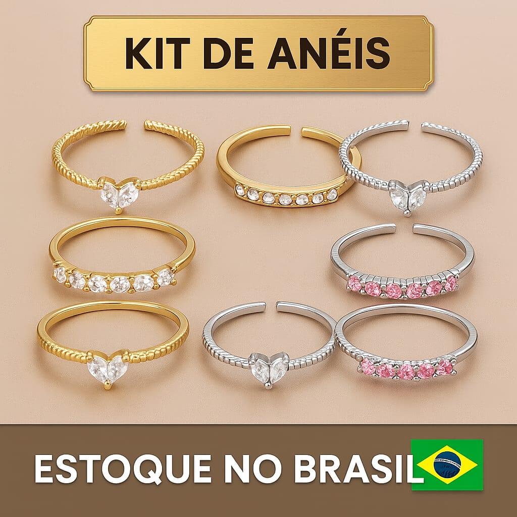 Conjunto de Anel de Coração com Zircônia, Elegante, Ajustável, Dourado ou Prateado  Joia da Moda Fem