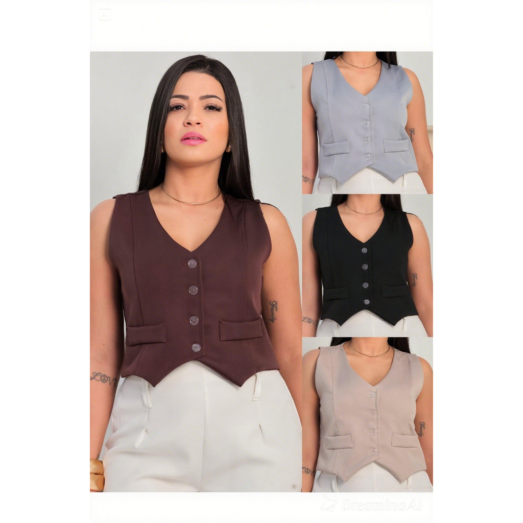 Colete Coletinho Feminino Alfaiataria Curto C/ Botões Social Decote Estilo Social Moderno