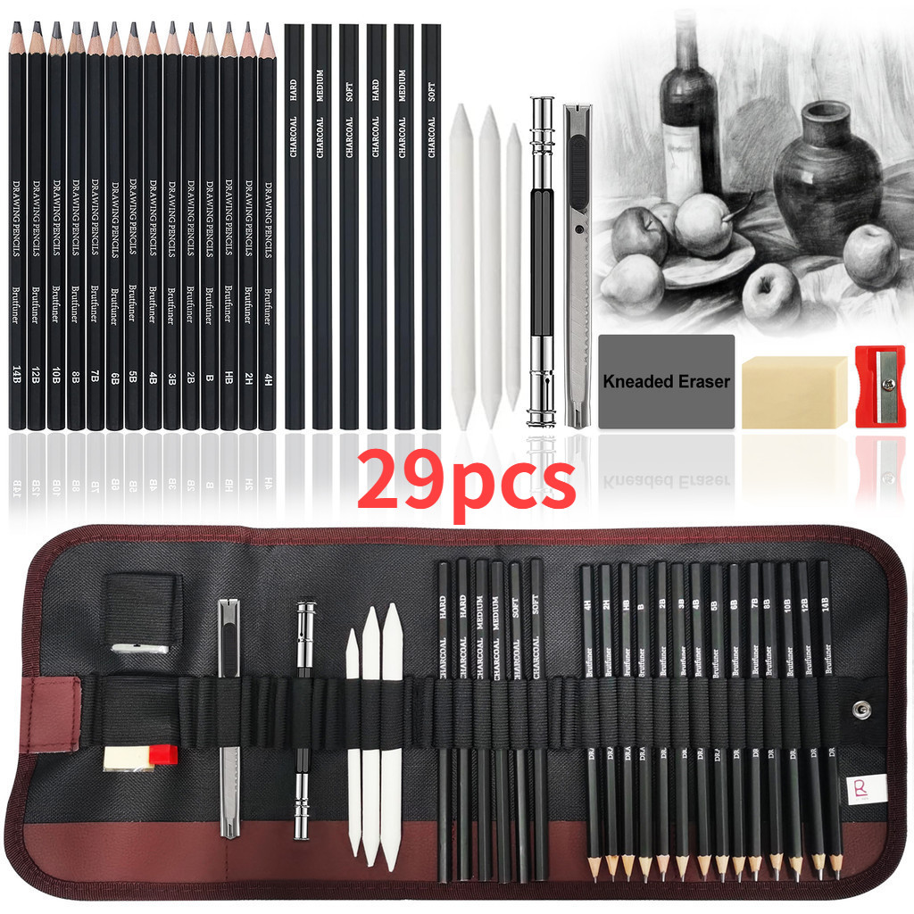 Conjunto de Lápis de Desenho 29 Unidades com Caneta Esboço de Carvão Incluído para Artistas Iniciant
