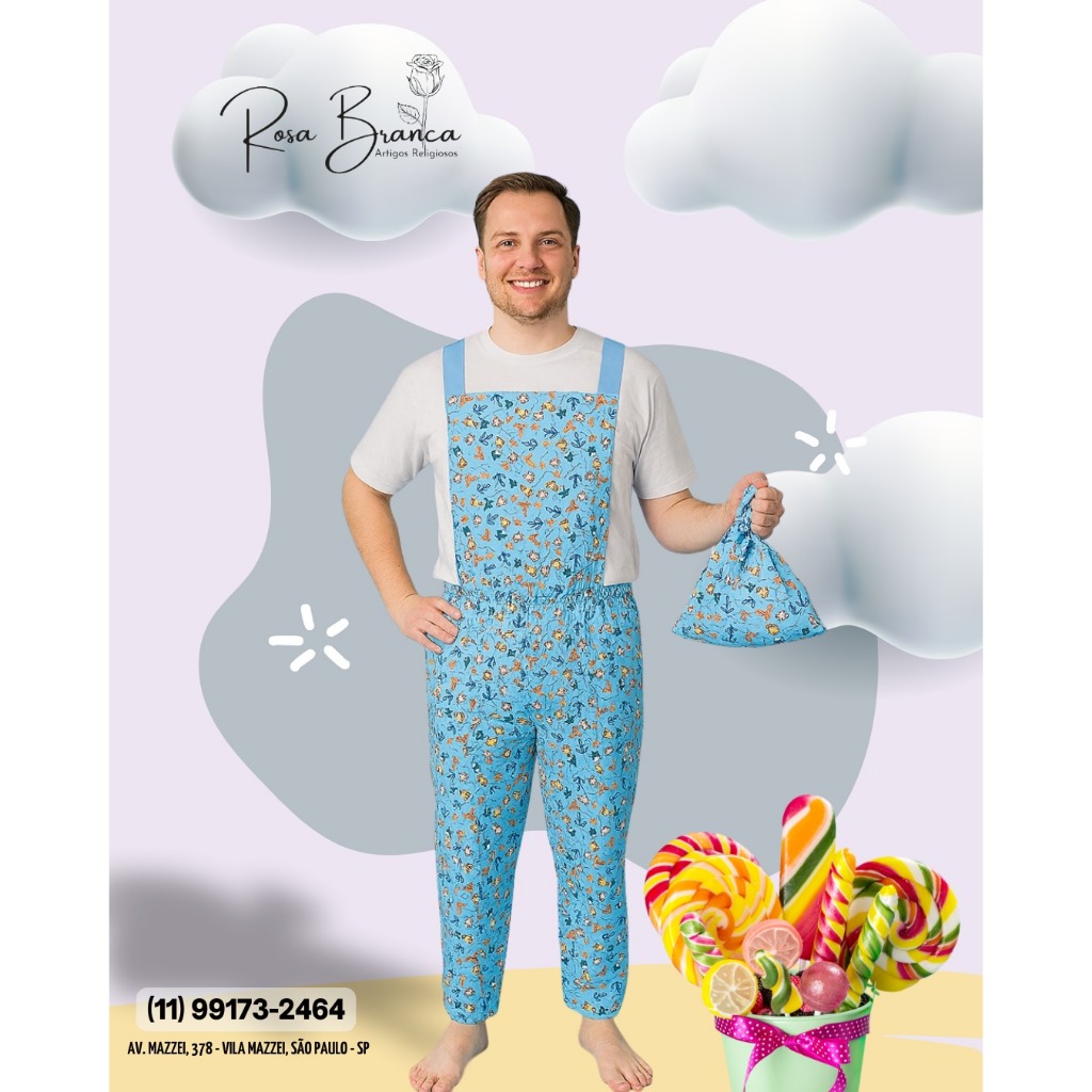 Roupa Macacão de Erê Ibeji Masculina com Saco para Guardar Doces Umbanda e Candomblé