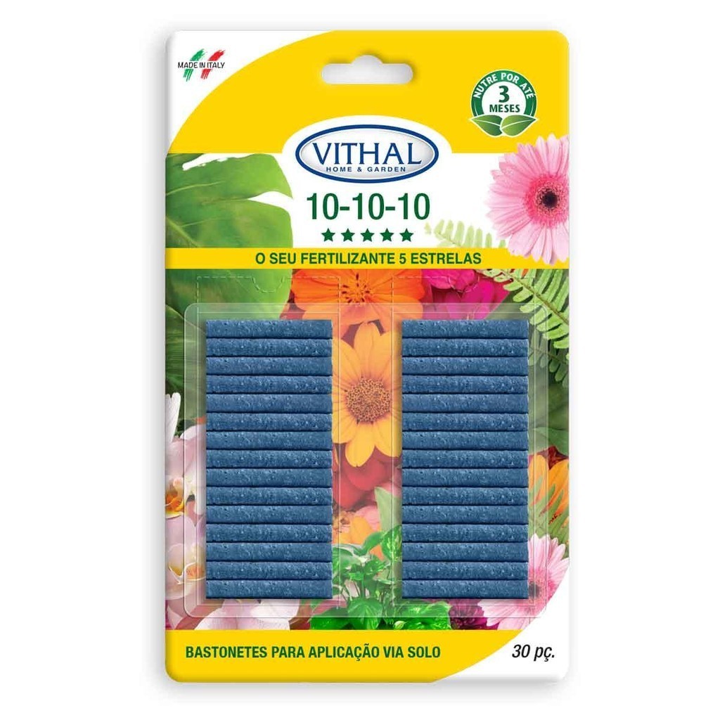 Fertilizante Bastonetes Granulado 10-10-10 Vithal – 30 Unidades Indicado Para todos Os Tipos de Plan
