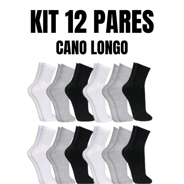 Kit 12 pares de Meias Cano alto medio lisas algod