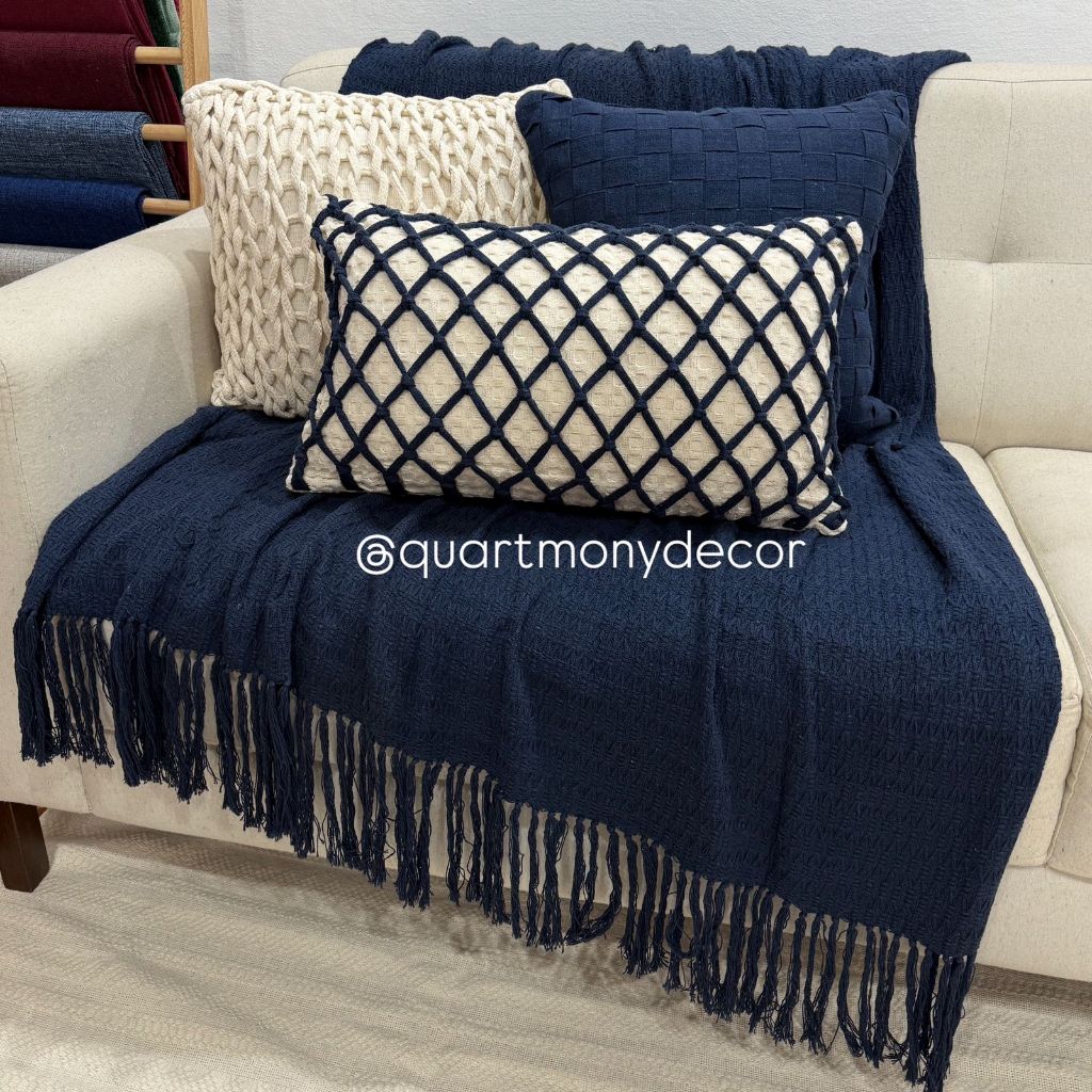 Kit Capa Almofada Corda Azul Marinho Cru Decorativa Macrame Artesanal Estilo Boho Chic