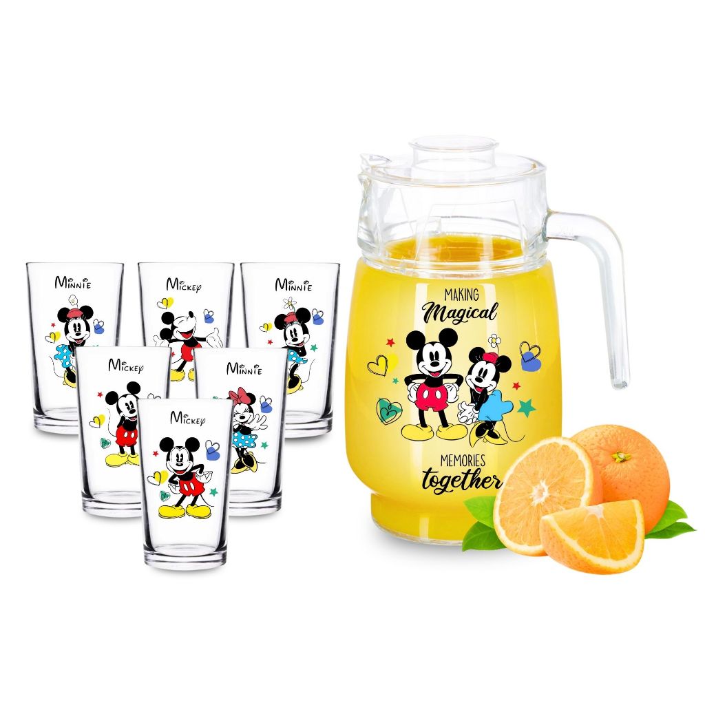 Conj Jarra De Suco Com Tampa + 6 Copos Mickey Minnie Estampado Disney Vidro Mesa Posta Louça Cozinha