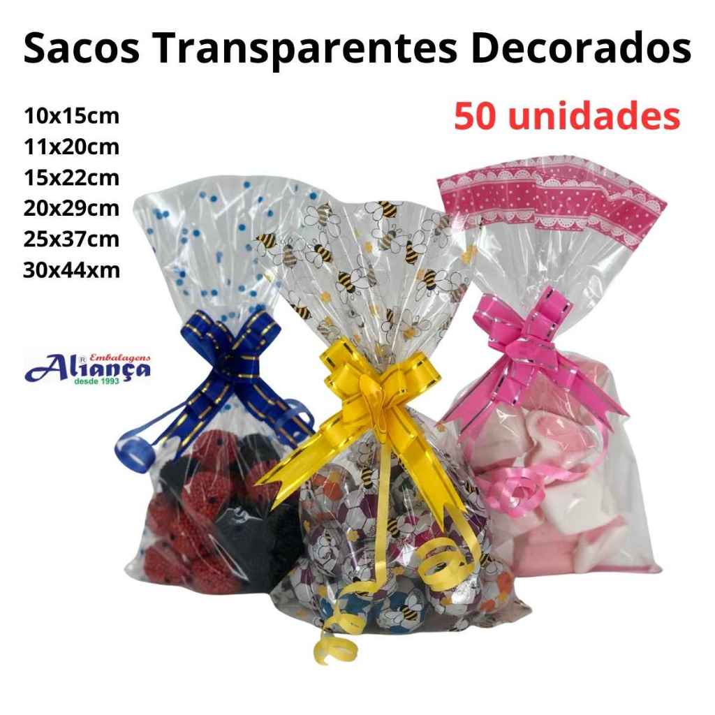 50 Embalagem Transparente Decorada  Sacos p/ Presente, Festa e Lembrancinha