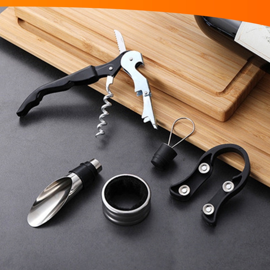 Kit Abridor De Vinho 5 Peças Inox Com Saca Rolha Dosador Corta Lacre