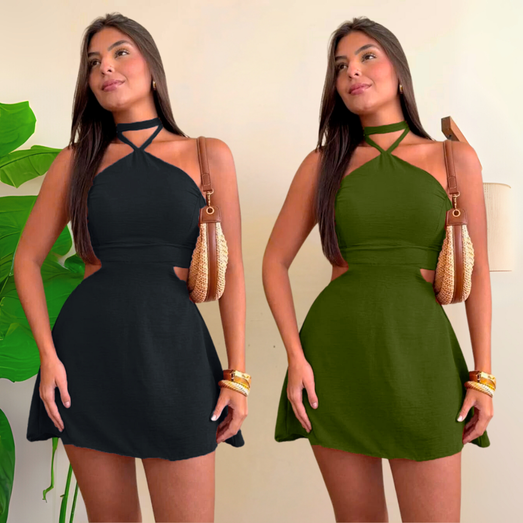 Vestido Feminino com Short e Bojo – Elegante, Recortes Laterais, Gola Alta e Amarração