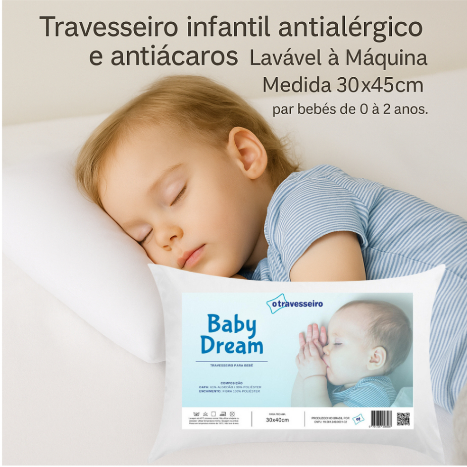 Travesseiro Bebê Antialergico 30×40  Para bebe de 0 á 2 anos Hipoalergênico Branco  Lavável á Maquin