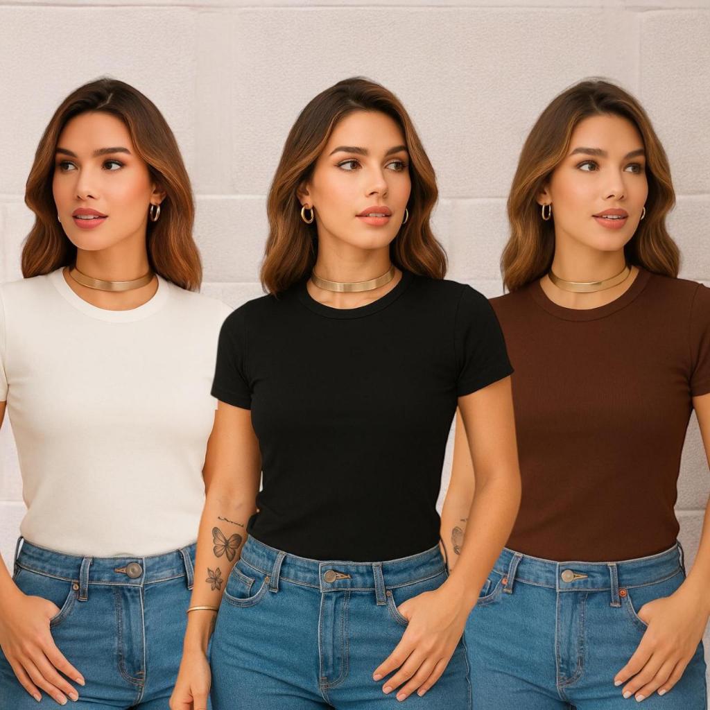 Kit 3 Baby Look Feminina Básica Lisa 100% Algodão Cores Sortidas