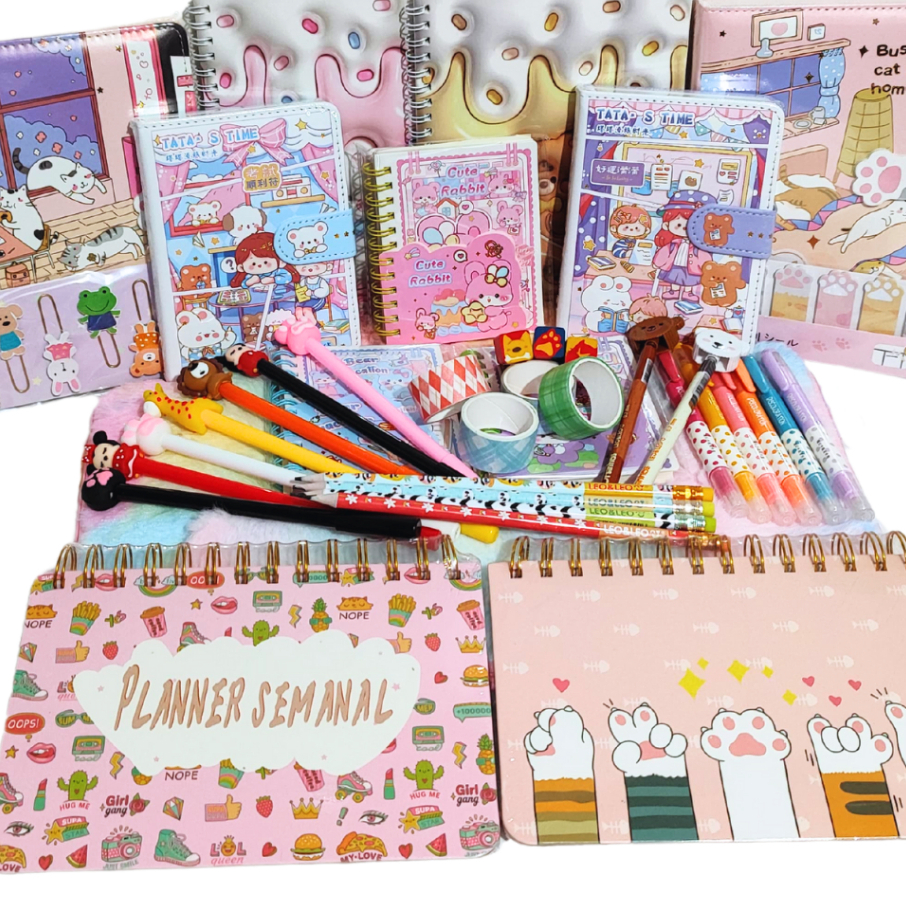 Kit Papelaria Kawaii Diversos itens Criativos Fofos Planner Marca-texto Washi Tape Caneta Adesivo Cl