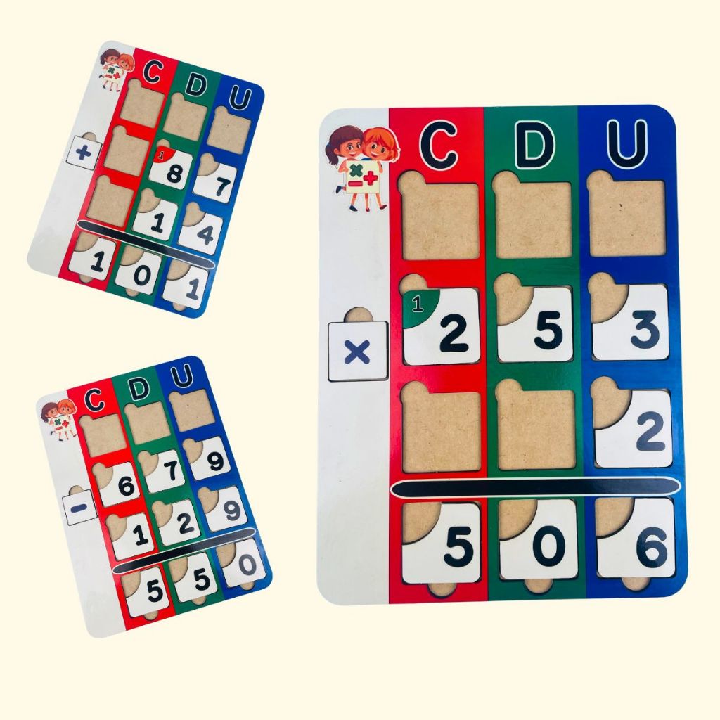 Ensino do QVL em MDF – Adição, Subtração e Multiplicação – Jogo educativo das continhas em madeira