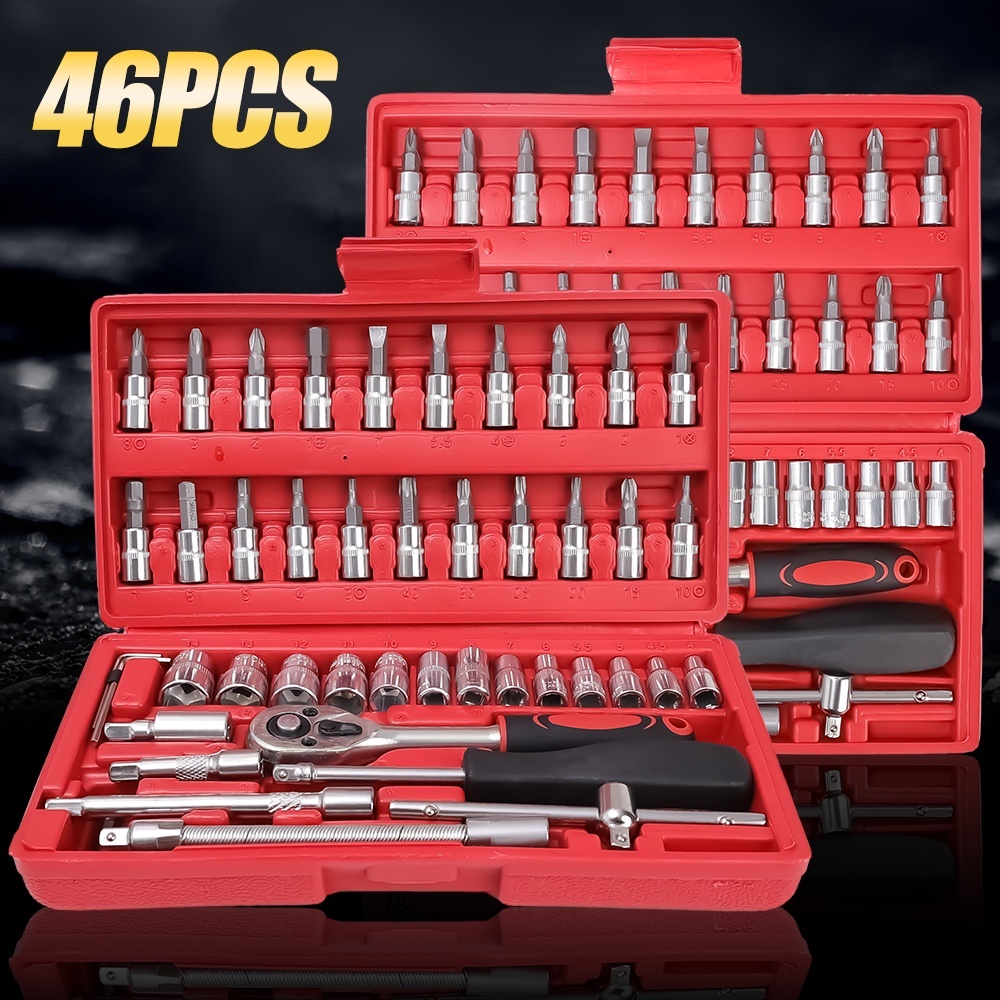 Kit De Ferramentas 46 Peças Jogo De Soquetes Chave Catraca Reversível Com Maleta Jogo De Ferramentas