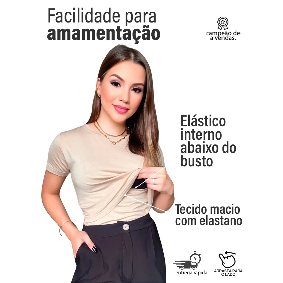 Kit 2 Camisetas de Amamentação Manga Curta | Blusa Maternidade Lisa com Elástico