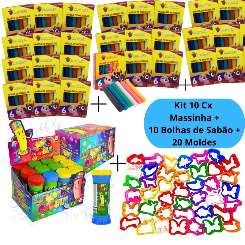 Kit 10 Cx Massinha de Modelar + 10 Bolhas de Sabão + 20 Molde Kit Festa Cortador Lembrancinha Infant