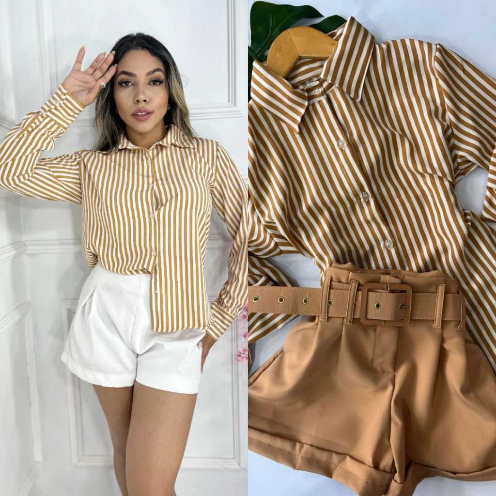 CAMISA  SOCIAL FEMININA LISTRADA MANGA LONGA  P.M.G.GG