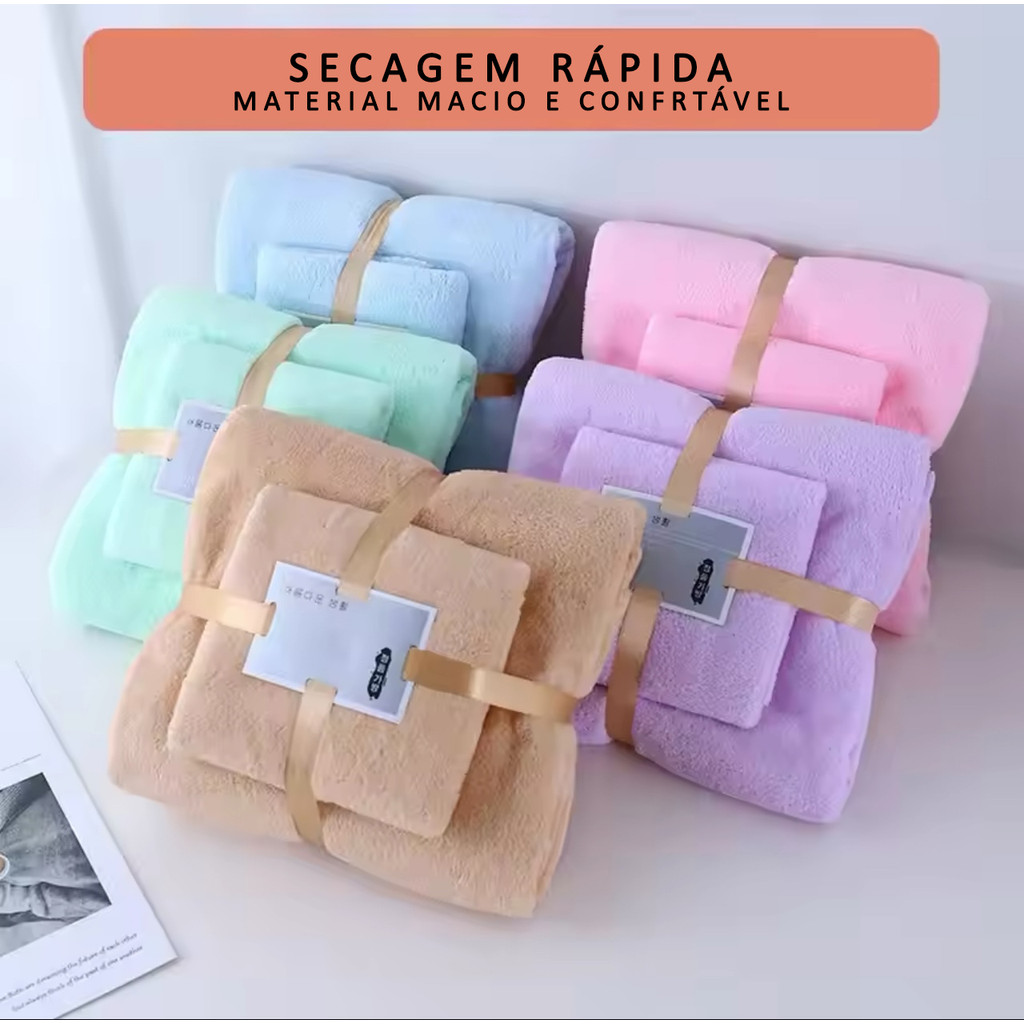 Jogo De Toalhas Banho + Rosto Veludo Coral Super Fino Secagem Rápida