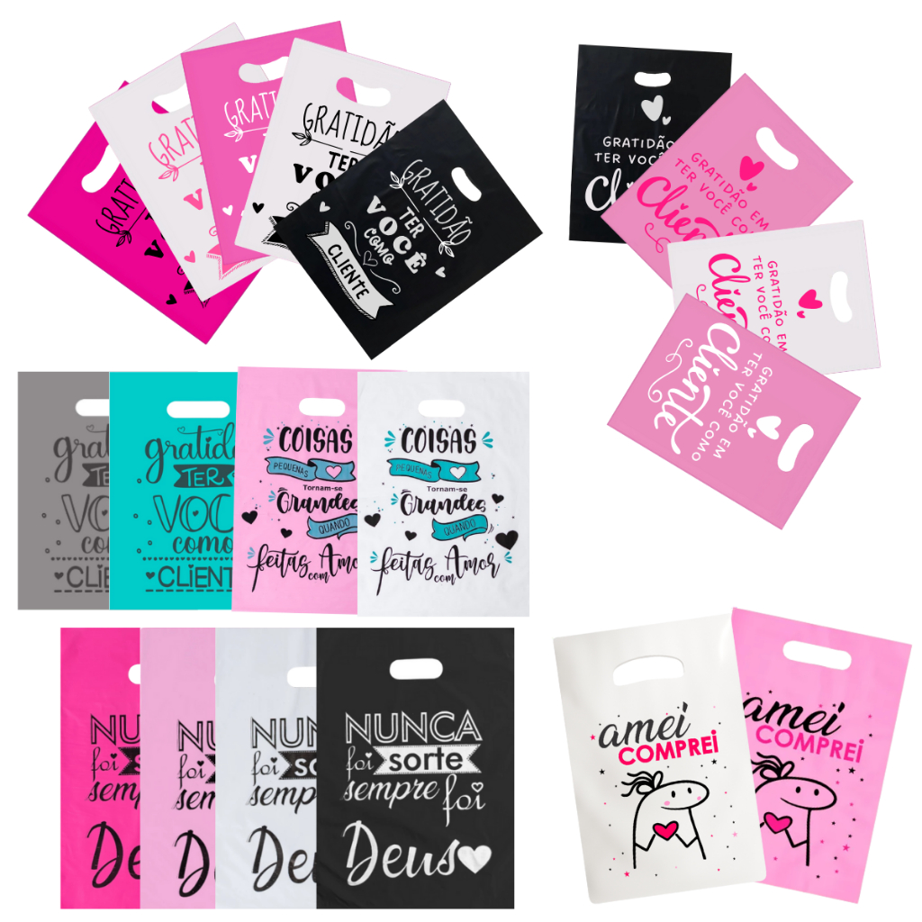 50 Sacola Boca de Palhaço Personalizada P, M e G Diversas Estampas Sacolinha Alça Vazada Frase Grati