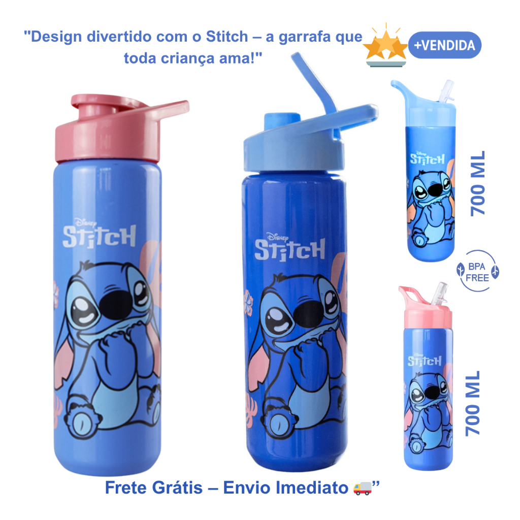 Garrafa Stitch Infantil de Água Squeeze 700ml Garrafinha com Canudo Escolar