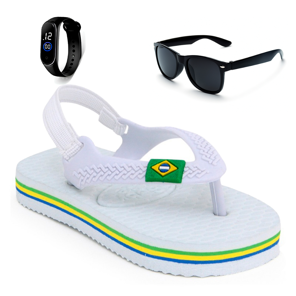 Kit Chinelo Infantil Bebê Menino Com Elástico + Relógio + Óculos