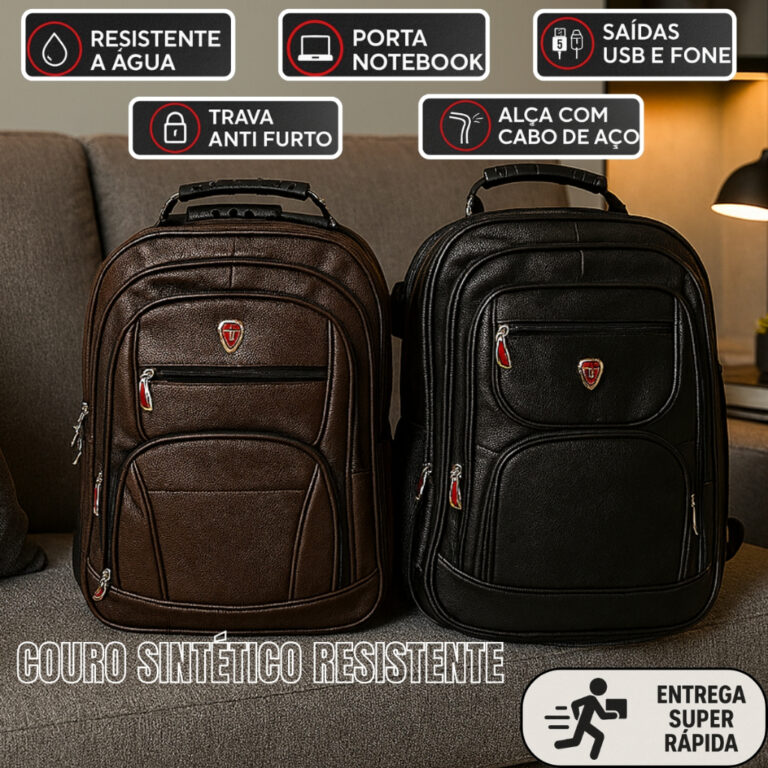 MOCHILA MASCULINA DE COURO  RESISTENTE PORTA NOTEB