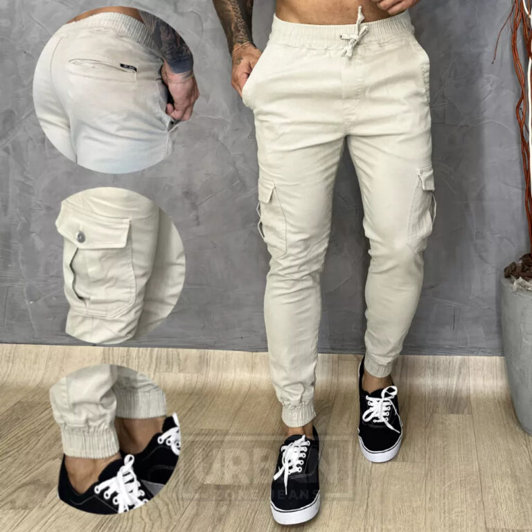 Calça Cargo Masculina Sarja Jogger Slim com Cord