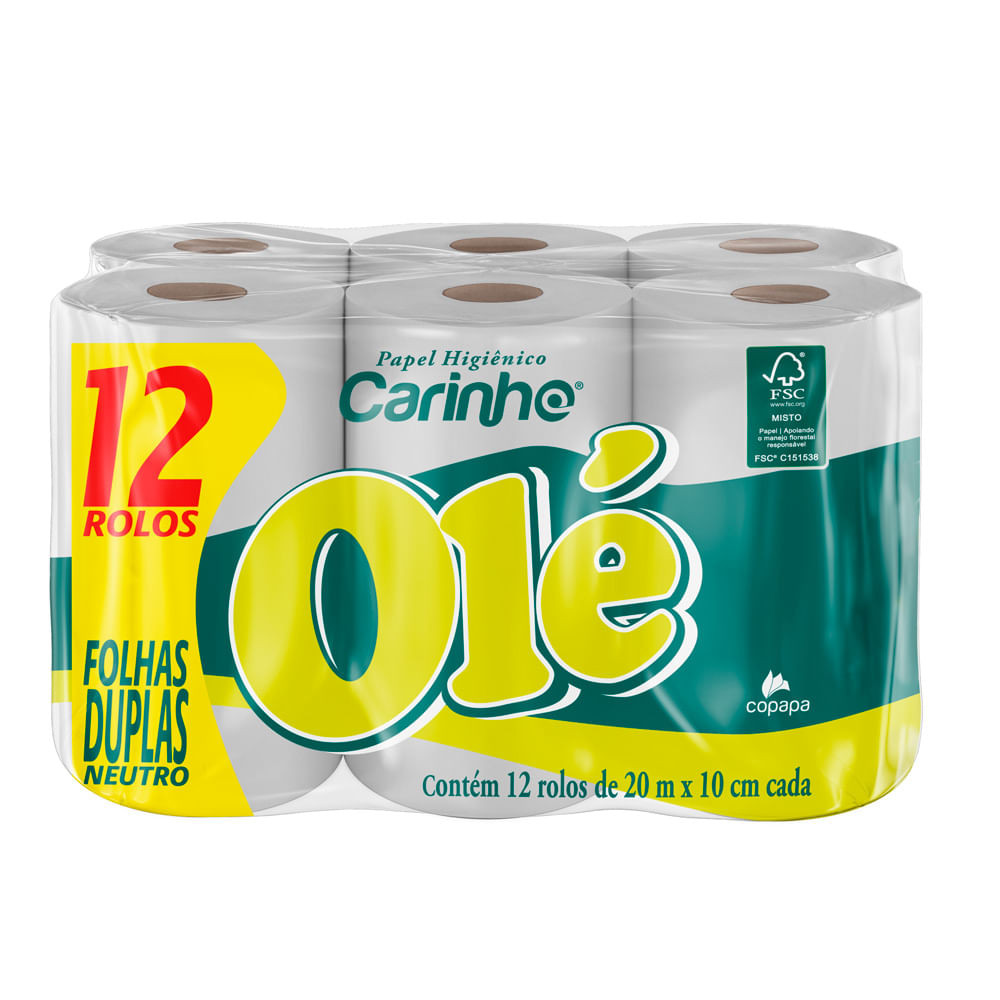 Papel Higiênico Carinho Olé Folha Duplas Neutro 12 Unidades