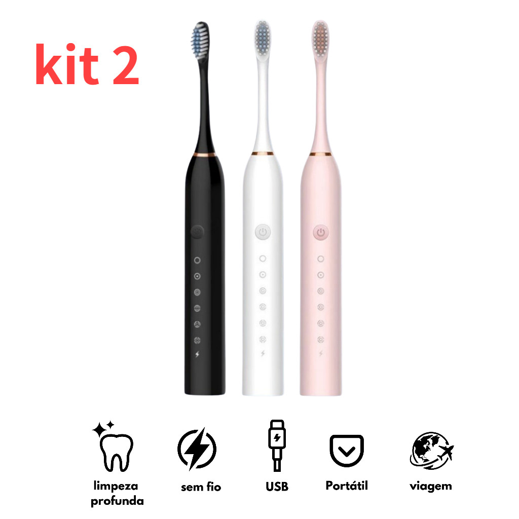 KIT 2 Escova Dental Elétrica  USB Carga 6 Engrenagem  À Prova Dágua 4 Escovas Cabeças