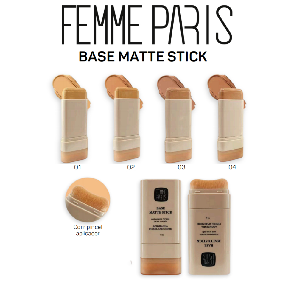Base Matte Stick Femme Paris com Pincel Aplicador Cobertura Uniforme, Toque Aveludado e Longa Duraçã