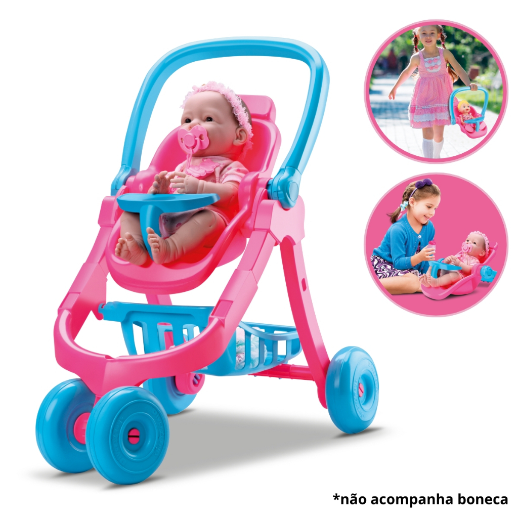Carrinho De Boneca 3 Em 1 Reborn Articulado Grande Bebe Conforto Cadeira Alimentação Menina Rosa