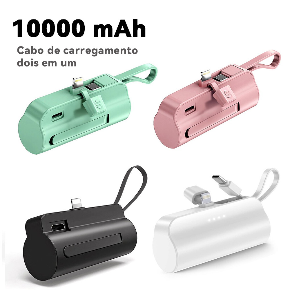 Recarga Rápida Sem Fio: Mini Power Bank 10000mAh 2em1 com Entradas iPhone e USB-C