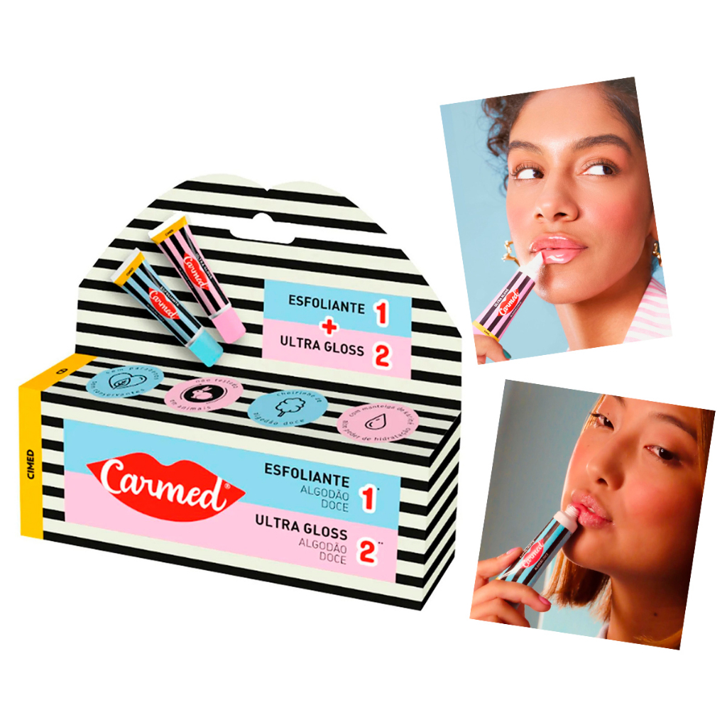 Carmed Kit SOS Lábios Esfoliante + Ultra Gloss Brilho Hidratante Protetor Labial Algodão Doce 10g