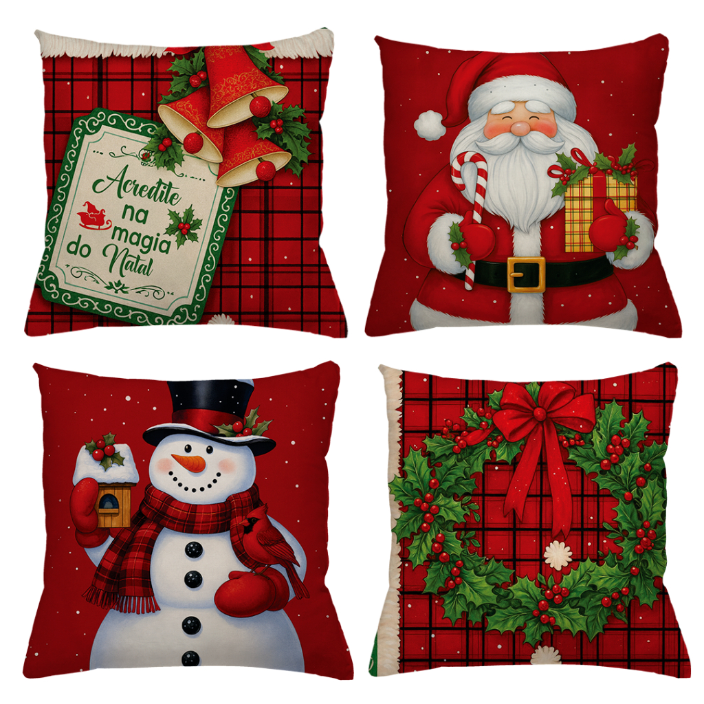 KIT 4 CAPAS DE ALMOFADAS DECORATIVAS NATAL PAPAI NOEL BONECO DE NEVE FELIZ NATAL RENA – TAMANHO 45X