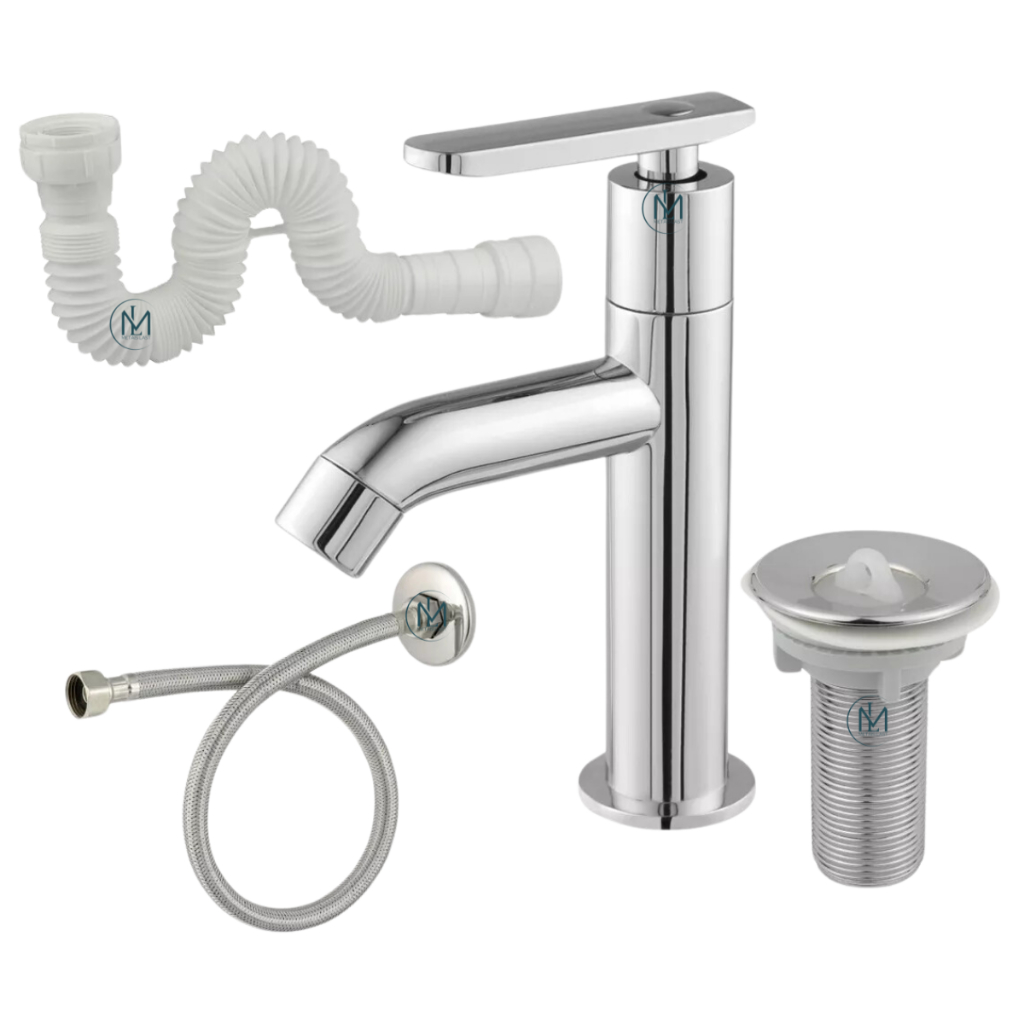 Kit Torneira Bica Alta Cromada+ Valvula Click abs + Sifão Universal + Engate Flexível 40cm