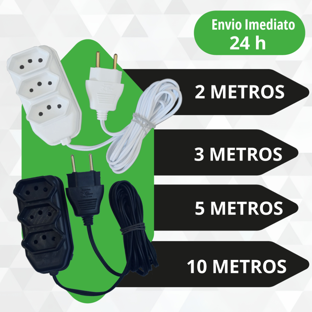 Extensão Elétrica 2, 3, 5, 10 Metros Branca e Preto Extensão Tomadas Compacta