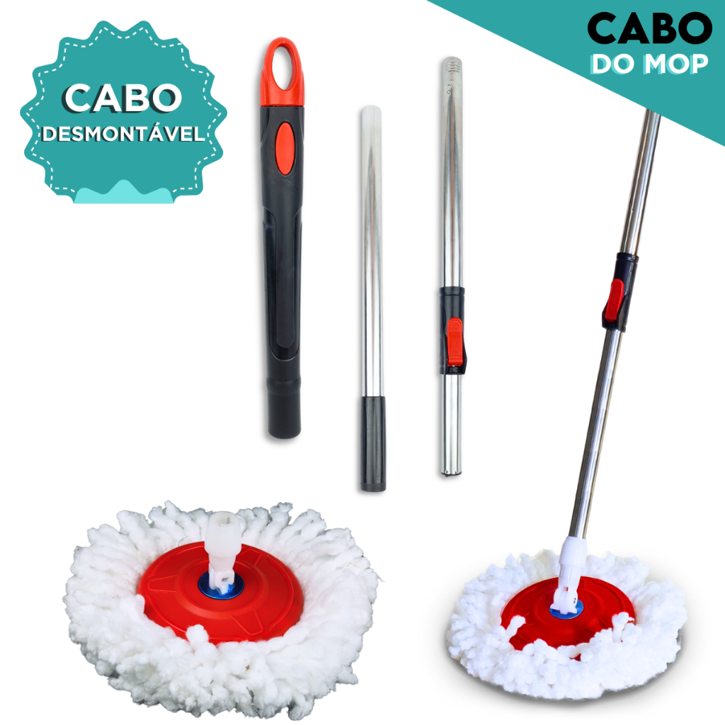 Cabo Mop Giratório 140cm + Refil Fácil Montagem Ergonômico Resistente e Desmontável – SHEFA