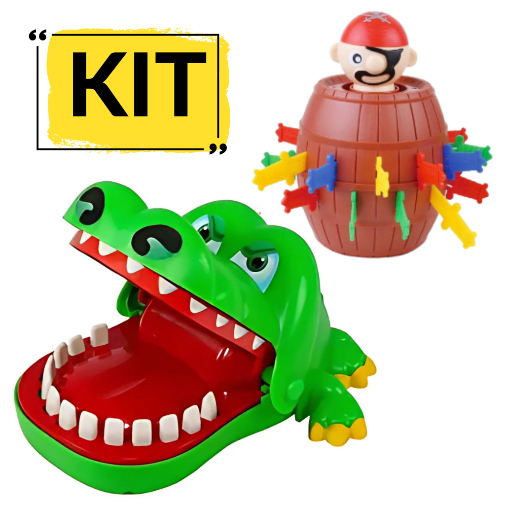 Kit 2 Brinquedos Jogo Jacaré Crocodilo Morde Dedo e Barril Pula Pirata Jogos de Tabuleiro Mesa Infan