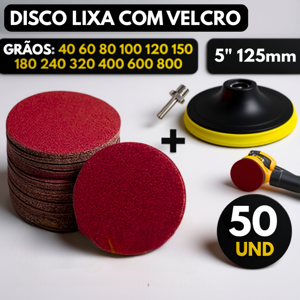 Kit Base Suporte Disco 125mm + 50 Lixas Sem Furos Com Velcro 5 Furadeira Esmerilhadeira