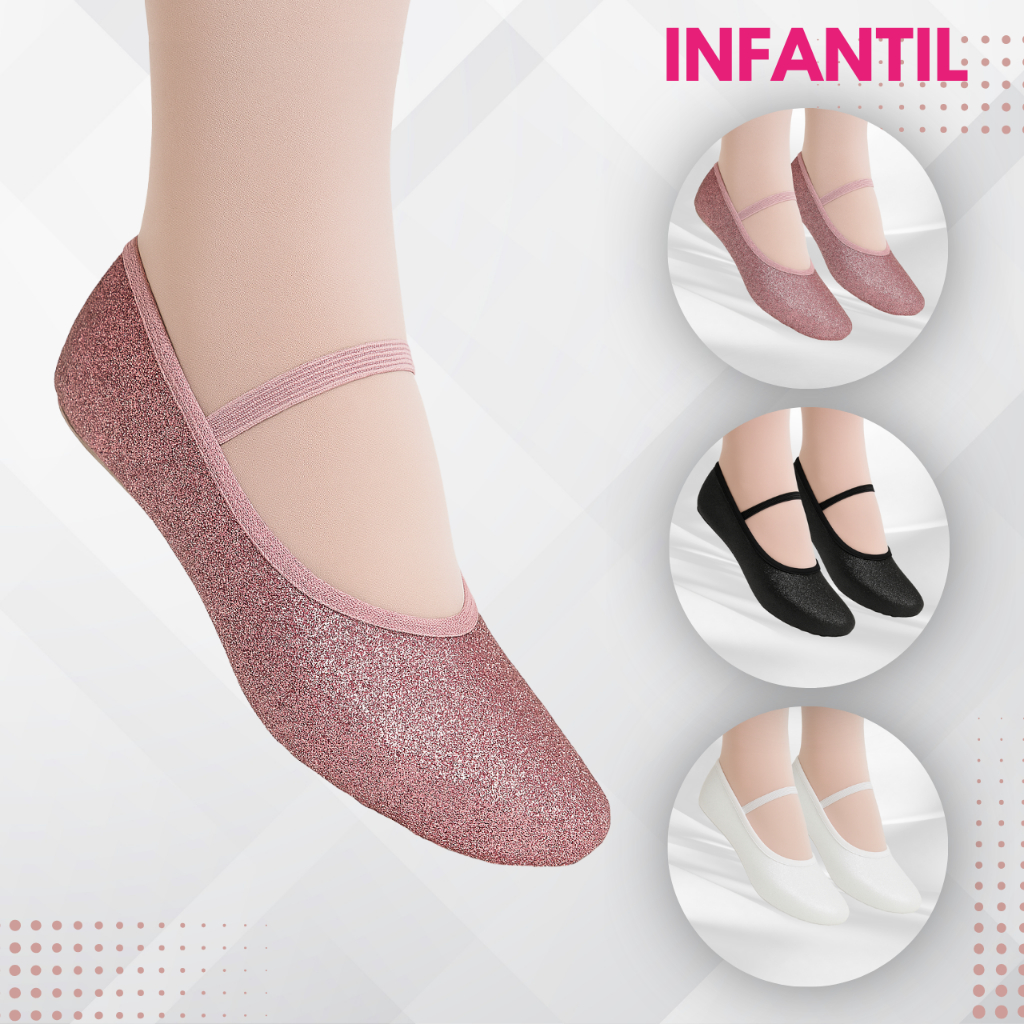 Sapatilha Para Ballet Glitter Meia Ponta Infantil – Cores Rosa Preto Branco