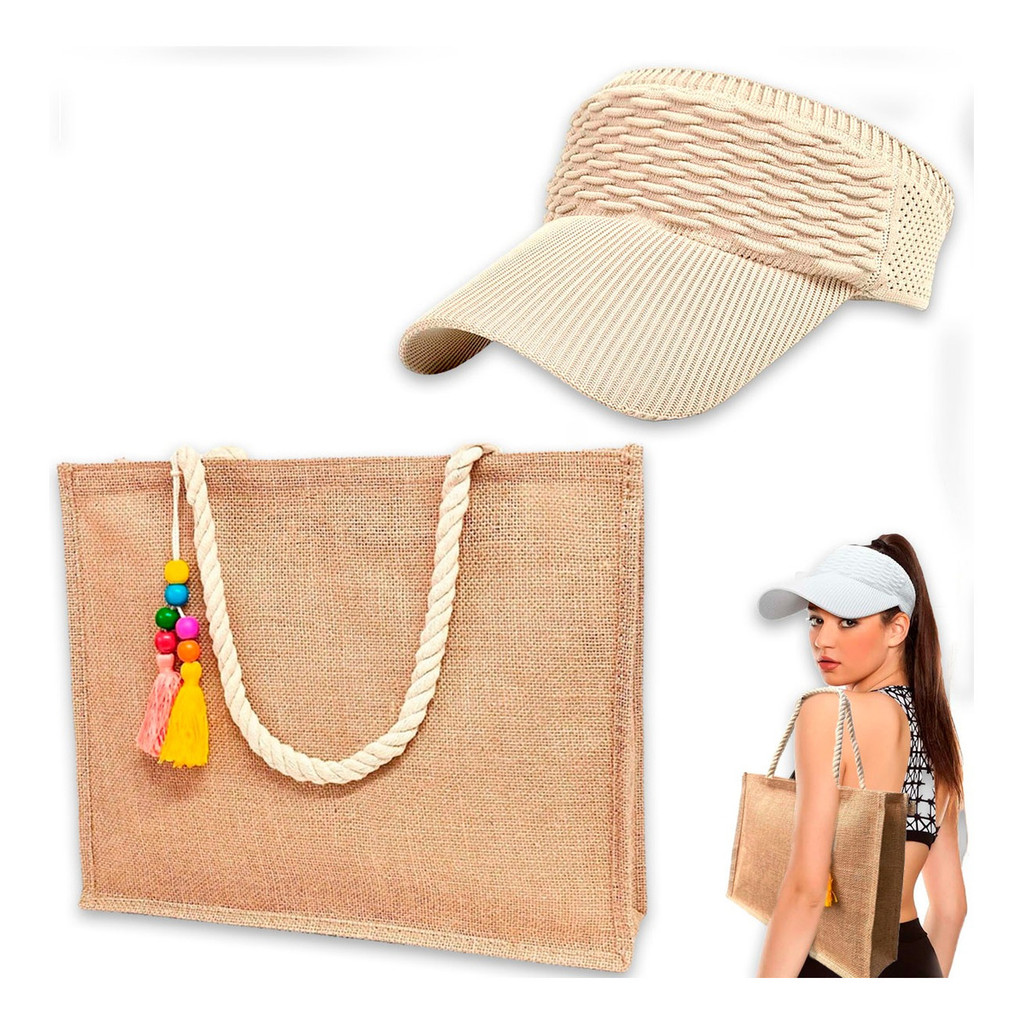Viseira Feminina + Bolsa De Palha Praia Piscina Verão – Kit Fashion Moda