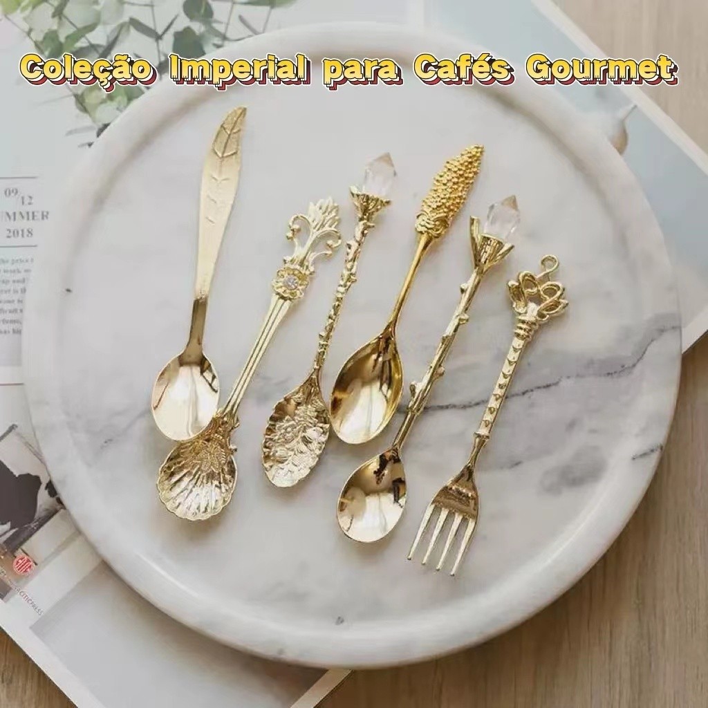 Kit 6 Colheres Vintage para Café Gourmet – Acabamento Ouro Antigo Resistente