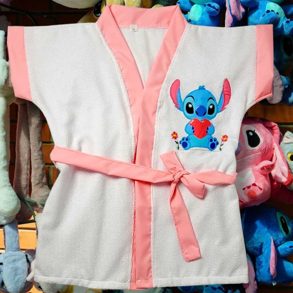 Roupao Infantil Atoalhado Poliester Otima Absorção Personagem Stitch Em 02 Cores Tamanhos 02 ao 12 L