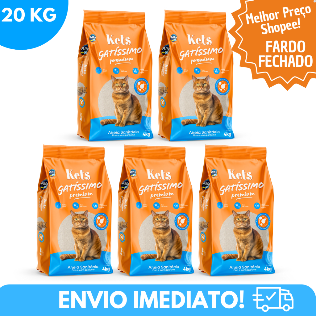 Kit 5 Areia Sanitária Higiênica Natural Gatos Gatissimo S/Perfume Fardo Fechado 5×4 Kg – 20kg Total