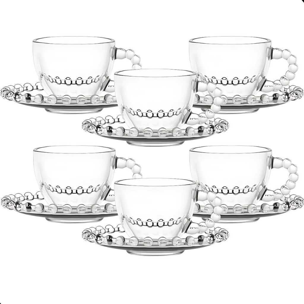 Jogo De Xícaras E Pires Em Vidro Transparente 12 Peças Para Café 100ml Pearl Pérola