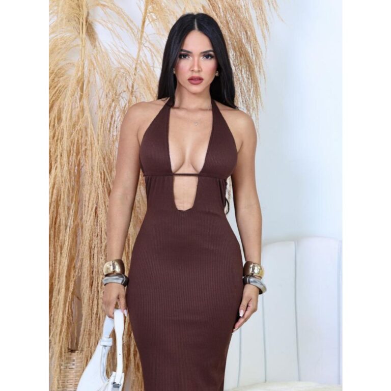 Vestido longo feminino Canelado Decote V Com Bojo 