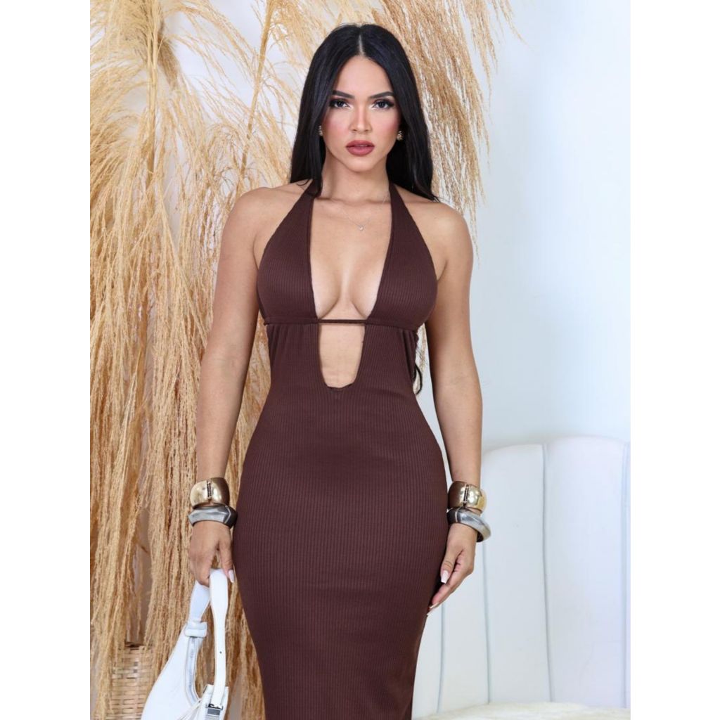 Vestido longo feminino Canelado Decote V Com Bojo Primavera/Verão 2025