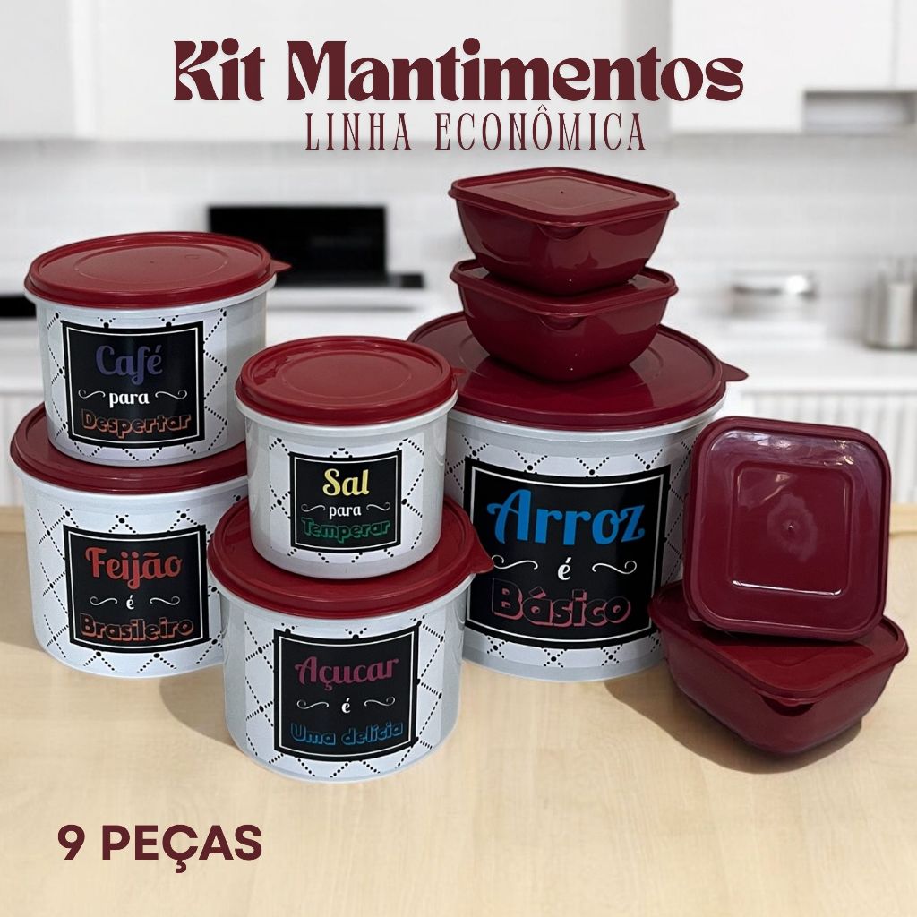 Kit 9 Potes 5 Mantimentos LINHA ECONÔMICA + 4 Marmitas Quadradas 500 ml Vasilhas Herméticas