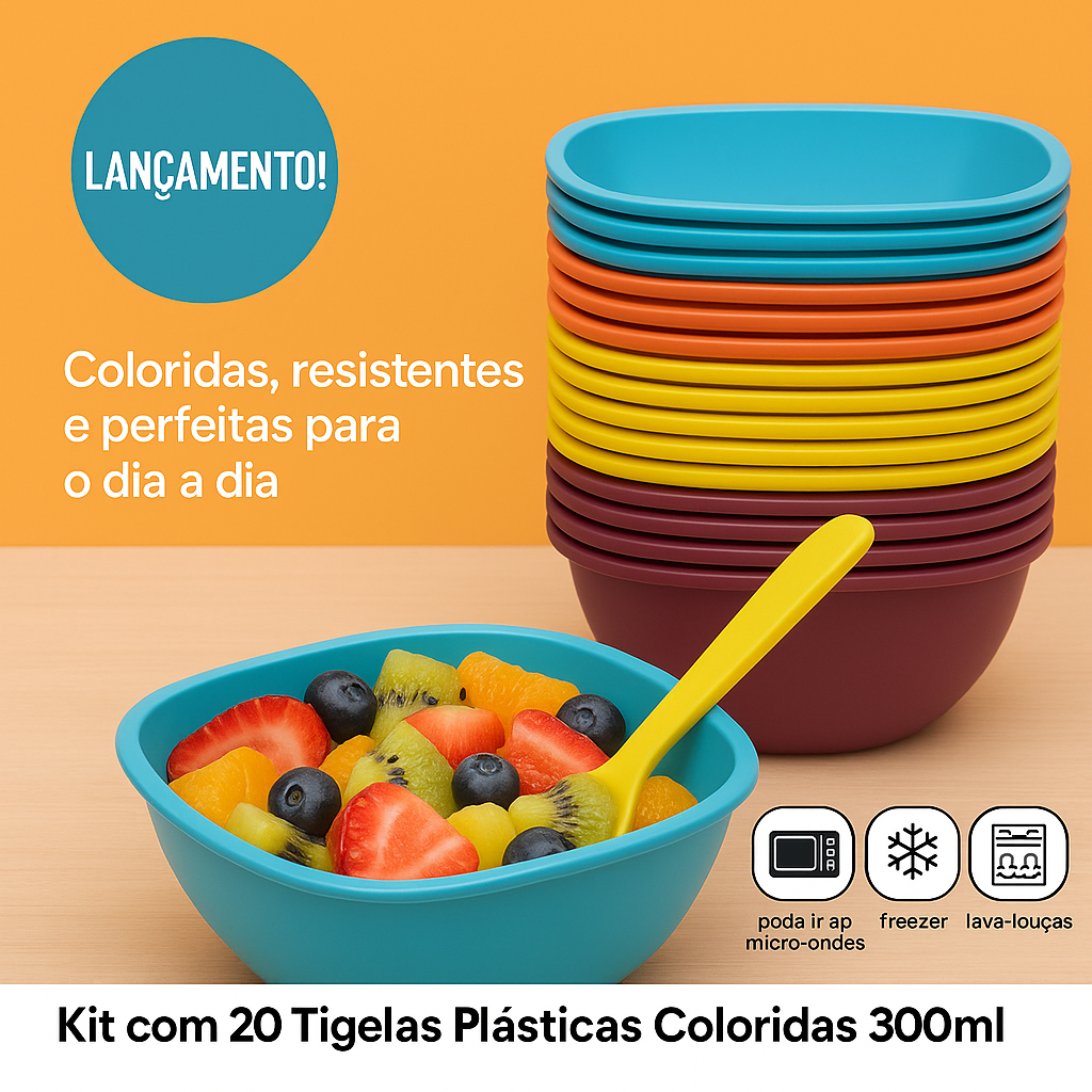Kit 50 Tigelas Plásticas 300ml Coloridas Açaí Sobremesa Pipoca Sorvete e Festa
